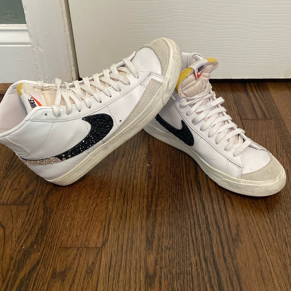 Nike White High-Top Sneakers with Black Glitter Swoosh